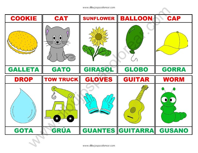 Memorama a color Español - Ingles de la letra G