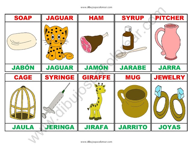 Memorama a color Español - Ingles de la letra J