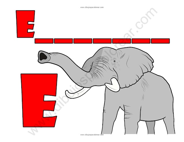 Elefante letra E abecedario dibujo a color y para colorear